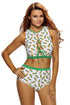 High Waist Lace-up Pineapple Print White Tankini